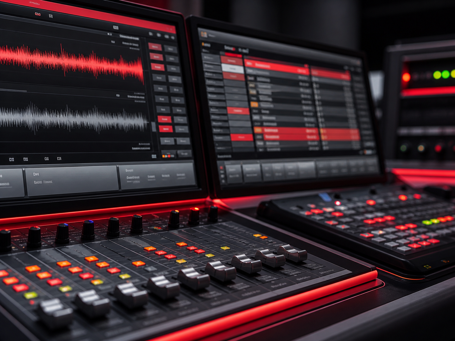 Broadcast IP audio networking rack with switches, patch panels, and glowing links